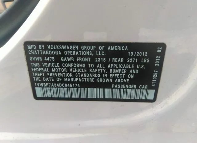 Photo 8 VIN: 1VWBP7A34DC045174 - VOLKSWAGEN PASSAT 