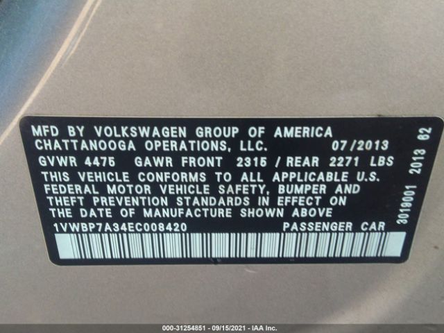 Photo 8 VIN: 1VWBP7A34EC008420 - VOLKSWAGEN PASSAT 