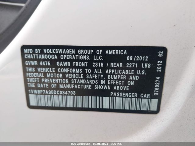 Photo 8 VIN: 1VWBP7A35DC034703 - VOLKSWAGEN PASSAT 