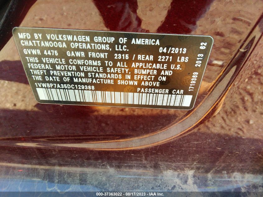 Photo 8 VIN: 1VWBP7A35DC129388 - VOLKSWAGEN PASSAT 