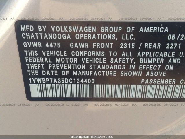 Photo 8 VIN: 1VWBP7A35DC134400 - VOLKSWAGEN PASSAT 