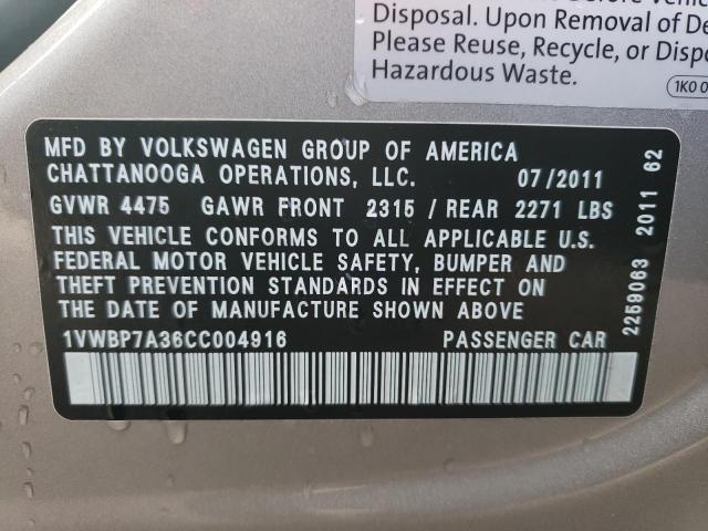 Photo 12 VIN: 1VWBP7A36CC004916 - VOLKSWAGEN PASSAT SE 