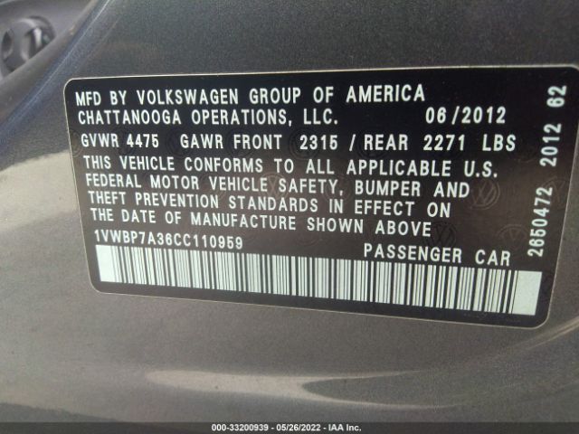 Photo 8 VIN: 1VWBP7A36CC110959 - VOLKSWAGEN PASSAT 