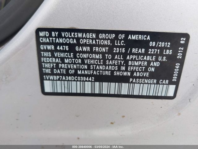 Photo 8 VIN: 1VWBP7A36DC039442 - VOLKSWAGEN PASSAT 