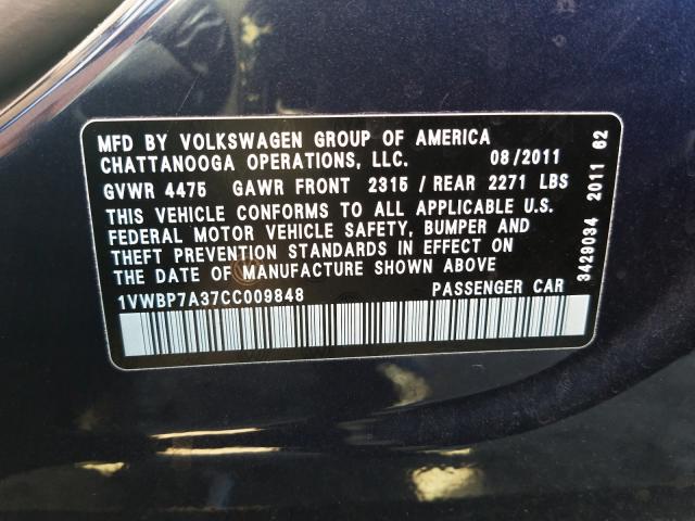 Photo 9 VIN: 1VWBP7A37CC009848 - VOLKSWAGEN PASSAT 