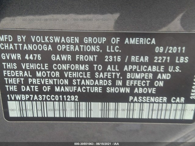 Photo 8 VIN: 1VWBP7A37CC011292 - VOLKSWAGEN PASSAT 