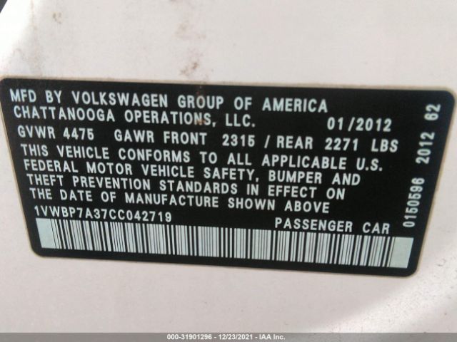 Photo 8 VIN: 1VWBP7A37CC042719 - VOLKSWAGEN PASSAT 