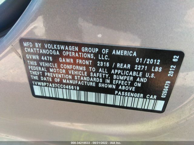 Photo 8 VIN: 1VWBP7A37CC045619 - VOLKSWAGEN PASSAT 