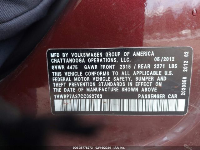 Photo 8 VIN: 1VWBP7A37CC092763 - VOLKSWAGEN PASSAT 