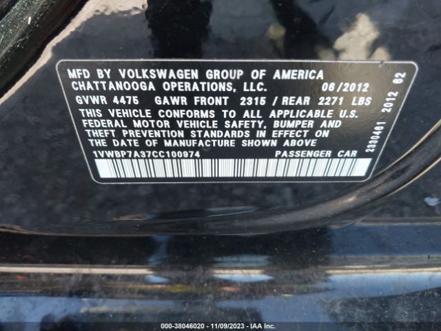 Photo 8 VIN: 1VWBP7A37CC100974 - VOLKSWAGEN PASSAT 