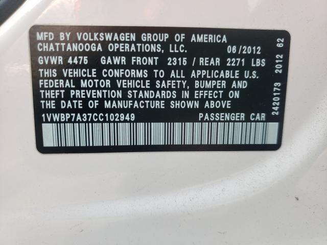 Photo 9 VIN: 1VWBP7A37CC102949 - VOLKSWAGEN PASSAT 