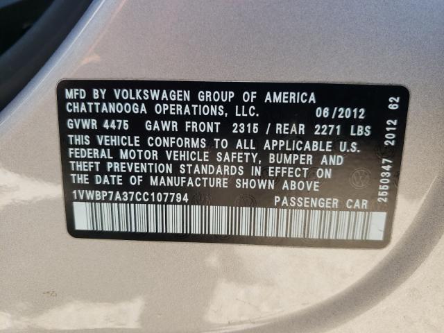 Photo 9 VIN: 1VWBP7A37CC107794 - VOLKSWAGEN PASSAT 