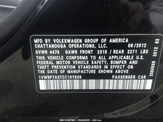 Photo 8 VIN: 1VWBP7A37CC107939 - VOLKSWAGEN PASSAT 