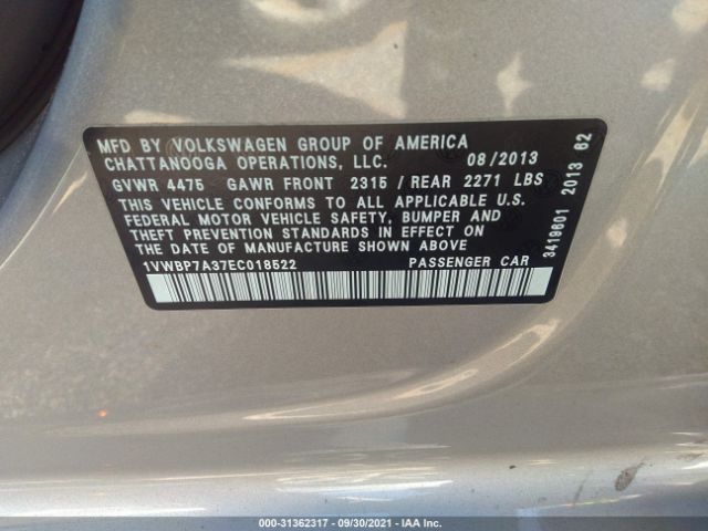 Photo 8 VIN: 1VWBP7A37EC018522 - VOLKSWAGEN PASSAT 