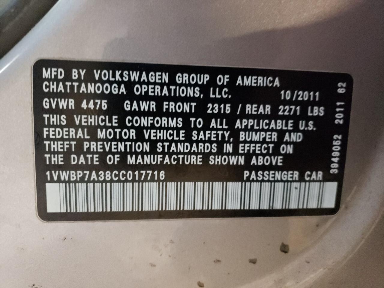 Photo 11 VIN: 1VWBP7A38CC017716 - VOLKSWAGEN PASSAT 