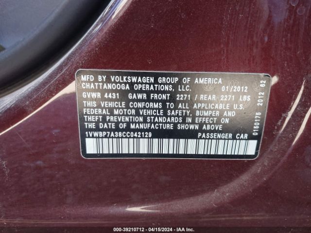 Photo 8 VIN: 1VWBP7A38CC042129 - VOLKSWAGEN PASSAT 