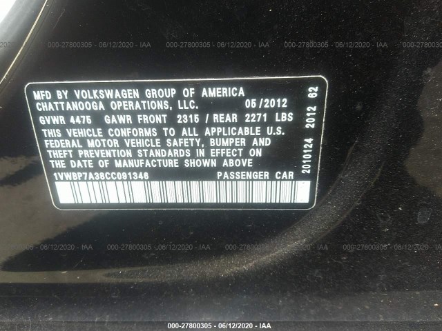 Photo 8 VIN: 1VWBP7A38CC091346 - VOLKSWAGEN PASSAT 