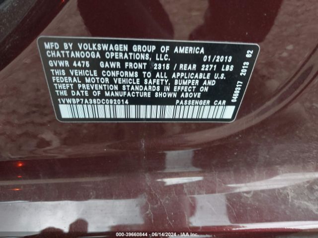 Photo 8 VIN: 1VWBP7A38DC092014 - VOLKSWAGEN PASSAT 