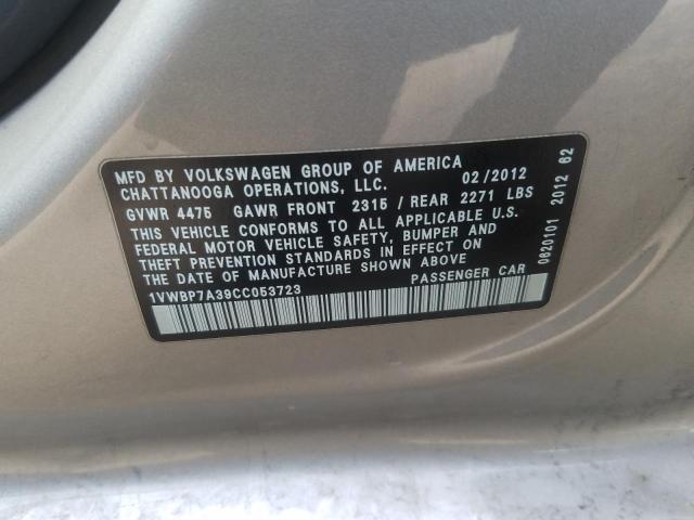 Photo 9 VIN: 1VWBP7A39CC053723 - VOLKSWAGEN PASSAT 