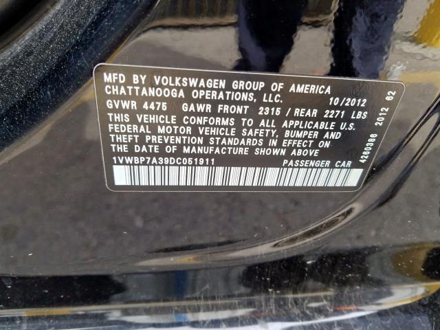 Photo 9 VIN: 1VWBP7A39DC051911 - VOLKSWAGEN PASSAT 