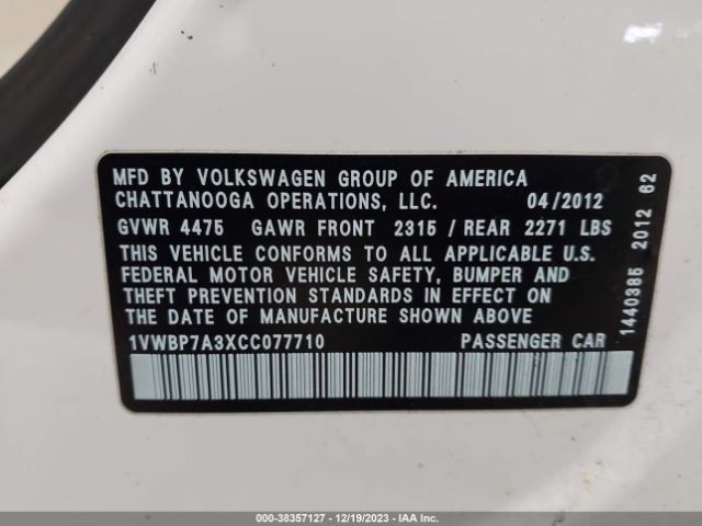 Photo 8 VIN: 1VWBP7A3XCC077710 - VOLKSWAGEN PASSAT 