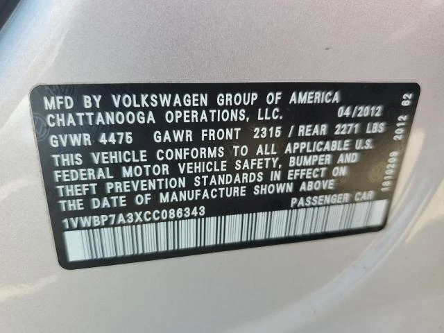 Photo 11 VIN: 1VWBP7A3XCC086343 - VOLKSWAGEN PASSAT 