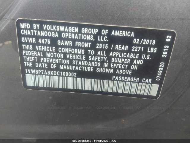 Photo 8 VIN: 1VWBP7A3XDC100002 - VOLKSWAGEN PASSAT 