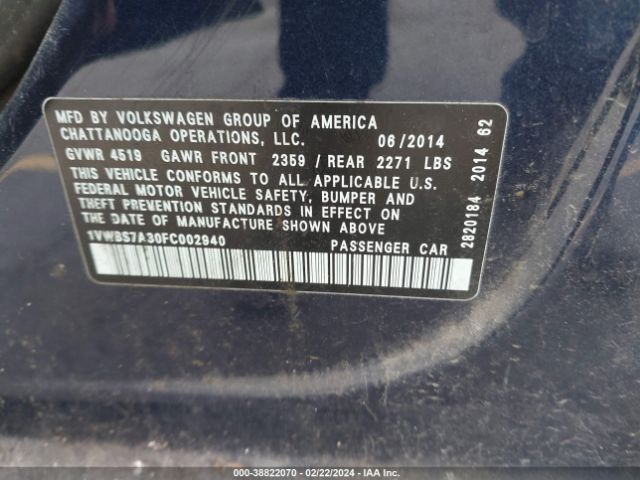 Photo 8 VIN: 1VWBS7A30FC002940 - VOLKSWAGEN PASSAT 