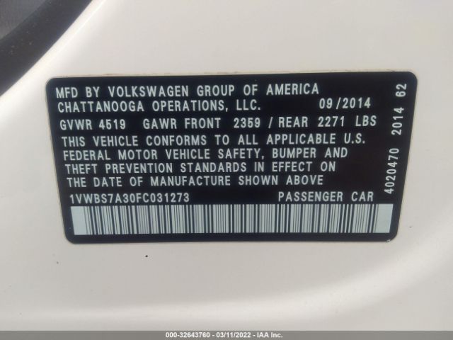 Photo 8 VIN: 1VWBS7A30FC031273 - VOLKSWAGEN PASSAT 