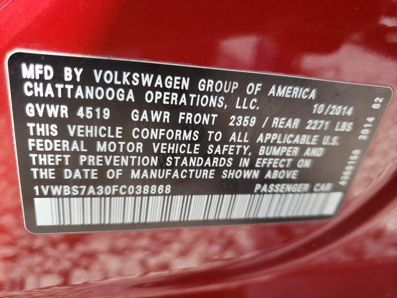 Photo 11 VIN: 1VWBS7A30FC038868 - VOLKSWAGEN PASSAT 