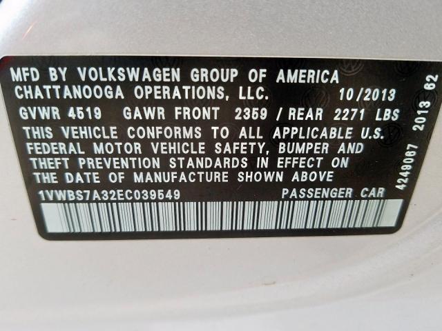 Photo 9 VIN: 1VWBS7A32EC039549 - VOLKSWAGEN PASSAT SE 