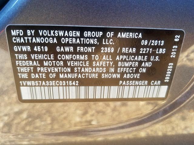 Photo 9 VIN: 1VWBS7A33EC031542 - VOLKSWAGEN PASSAT 