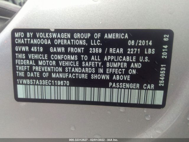 Photo 8 VIN: 1VWBS7A33EC119670 - VOLKSWAGEN PASSAT 