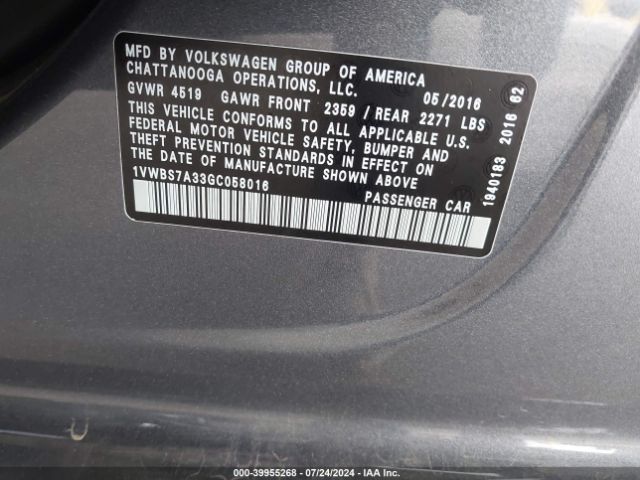 Photo 8 VIN: 1VWBS7A33GC058016 - VOLKSWAGEN PASSAT 