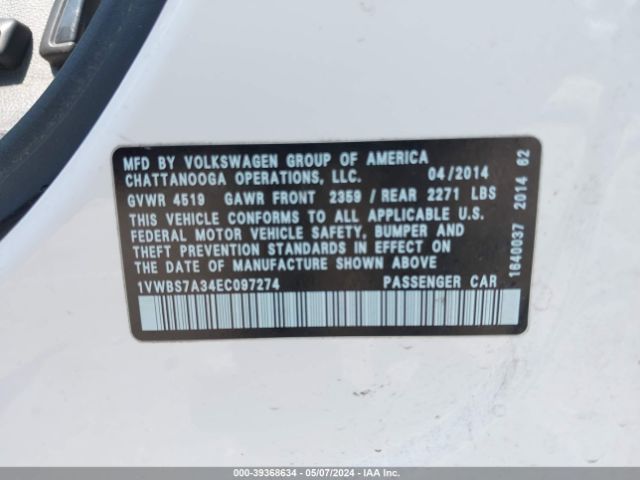 Photo 8 VIN: 1VWBS7A34EC097274 - VOLKSWAGEN PASSAT 