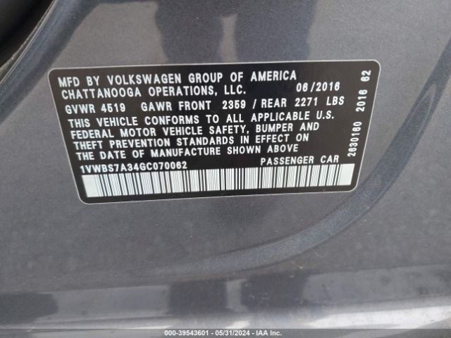 Photo 8 VIN: 1VWBS7A34GC070062 - VOLKSWAGEN PASSAT 