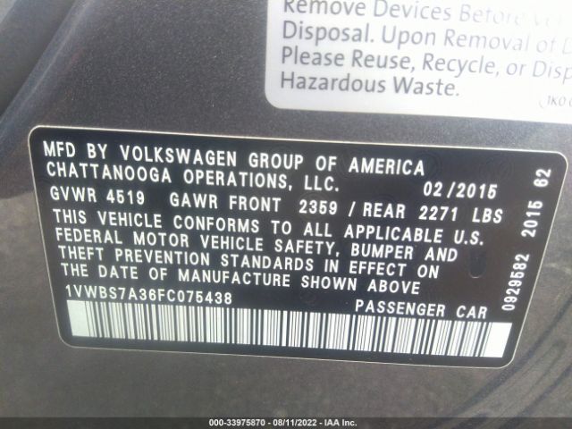 Photo 8 VIN: 1VWBS7A36FC075438 - VOLKSWAGEN PASSAT 