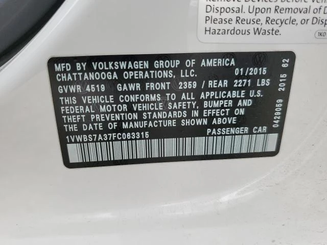 Photo 11 VIN: 1VWBS7A37FC063315 - VOLKSWAGEN PASSAT 