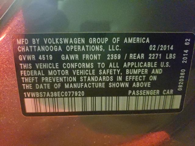 Photo 9 VIN: 1VWBS7A38EC077920 - VOLKSWAGEN PASSAT 