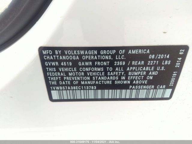 Photo 8 VIN: 1VWBS7A38EC113783 - VOLKSWAGEN PASSAT 