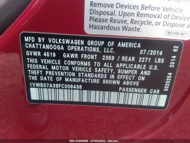 Photo 8 VIN: 1VWBS7A38FC008436 - VOLKSWAGEN PASSAT 