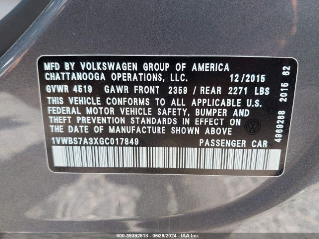 Photo 8 VIN: 1VWBS7A3XGC017849 - VOLKSWAGEN PASSAT 