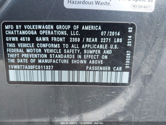 Photo 8 VIN: 1VWBT7A30FC011327 - VOLKSWAGEN PASSAT 