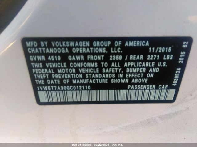 Photo 8 VIN: 1VWBT7A30GC012110 - VOLKSWAGEN PASSAT 