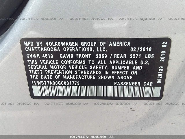 Photo 8 VIN: 1VWBT7A30GC031773 - VOLKSWAGEN PASSAT 