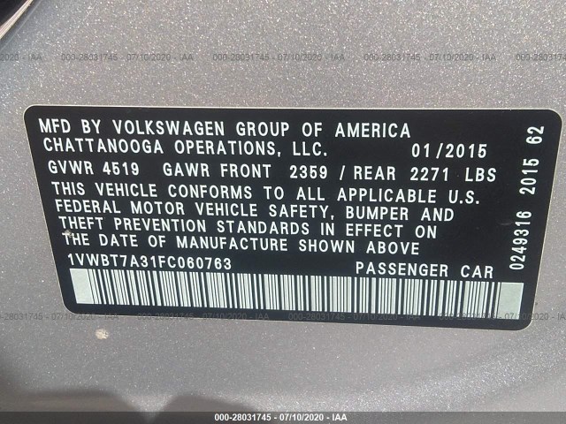 Photo 8 VIN: 1VWBT7A31FC060763 - VOLKSWAGEN PASSAT 