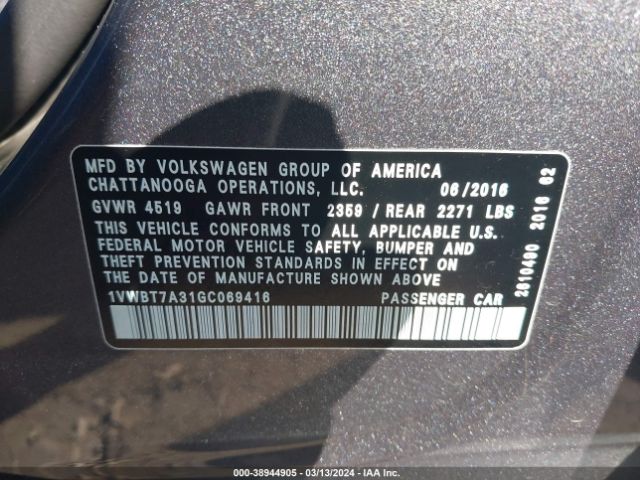 Photo 8 VIN: 1VWBT7A31GC069416 - VOLKSWAGEN PASSAT 