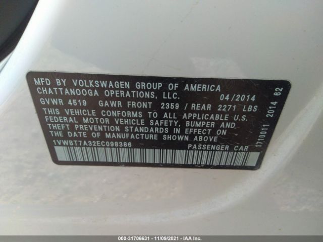 Photo 8 VIN: 1VWBT7A32EC098386 - VOLKSWAGEN PASSAT 