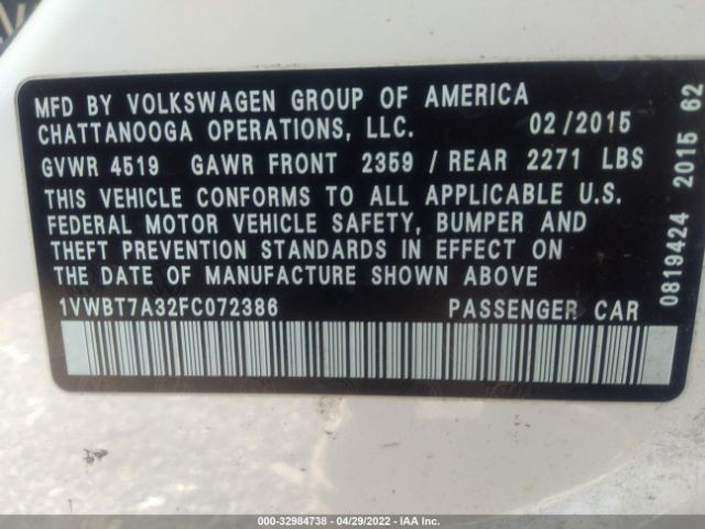 Photo 8 VIN: 1VWBT7A32FC072386 - VOLKSWAGEN PASSAT 