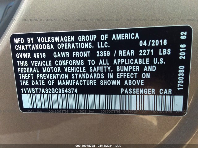 Photo 8 VIN: 1VWBT7A32GC054374 - VOLKSWAGEN PASSAT 